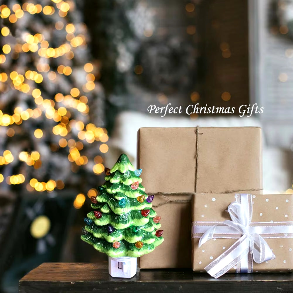 Ceramic Christmas Tree Night Light, Hand Painted Cramic Nightlight